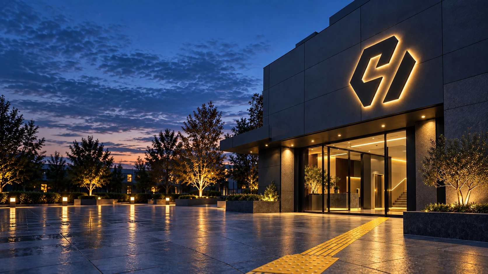 C4 Reklam logosu ve hissedilebilir sarı yönlendirme yüzeyi bulunan modern işletme cephesi